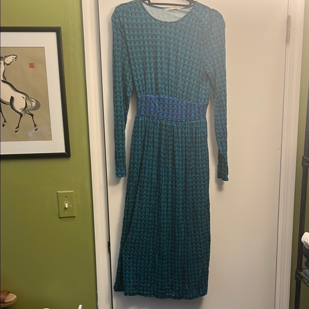Boden Peacock Pattern Long Sleeve Crew Neck Sheath Dress